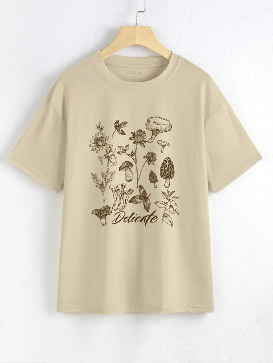 SHEIN EZwear Letter & Mushroom Print Drop Shoulder Tee - Khaki - View 1