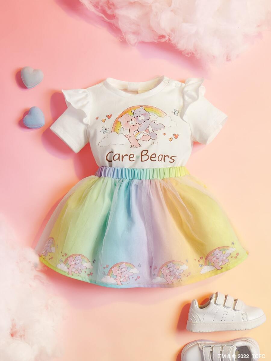 SHEIN X Care Bears Baby Girl Cartoon Bear Graphic Tee & Mesh Overlay Skirt Set - Multicolor - View 1