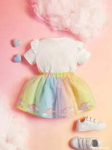 SHEIN X Care Bears Baby Girl Cartoon Bear Graphic Tee & Mesh Overlay Skirt Set - Multicolor - View 2