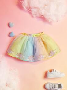 SHEIN X Care Bears Baby Girl Cartoon Bear Graphic Tee & Mesh Overlay Skirt Set - Multicolor - View 6