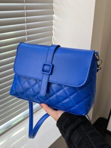 Quilted Buckle Decor Flap Square Bagcrossbody Bag,Shoulder BagVintage,CasualPortable,Lightweight,With Adjustable StrapFor Girl,For Men,For Women, Rookies & White-Collar WorkersPerfect For Office,Work ,Business,Commute,Gift Bag,Shopping - Blue - View 1