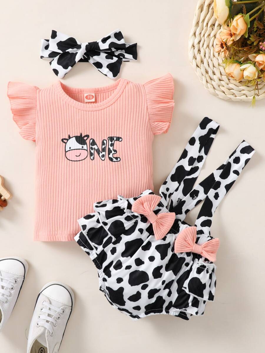 嬰兒卡通和字母圖案T恤和奶牛圖案背帶附髮帶 - 彩色 - 查看 1