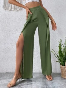 SHEIN Holidaya Solid Split Thigh Trousers - Army Green - View 3
