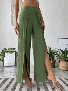 SHEIN Holidaya Solid Split Thigh Trousers - Army Green - View 7