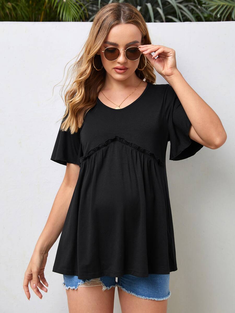 SHEIN Áo thun Bà bầu viền lá sen Viên lá sen màu trơn Giải trí - màu đen - Xem 1