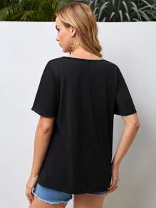 SHEIN Áo thun Bà bầu viền lá sen Viên lá sen màu trơn Giải trí - màu đen - Xem 2