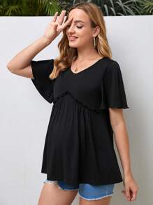 SHEIN Áo thun Bà bầu viền lá sen Viên lá sen màu trơn Giải trí - màu đen - Xem 3