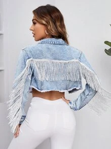 SHEIN Áo khoác & áo khoác denim nữ mép Hem thô Nút phía trước Lá thư Hấp dẫn - Rửa nhẹ - Xem 3