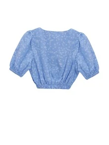 Camisa corta floral de manga farol fruncido - Azul - Ver 2