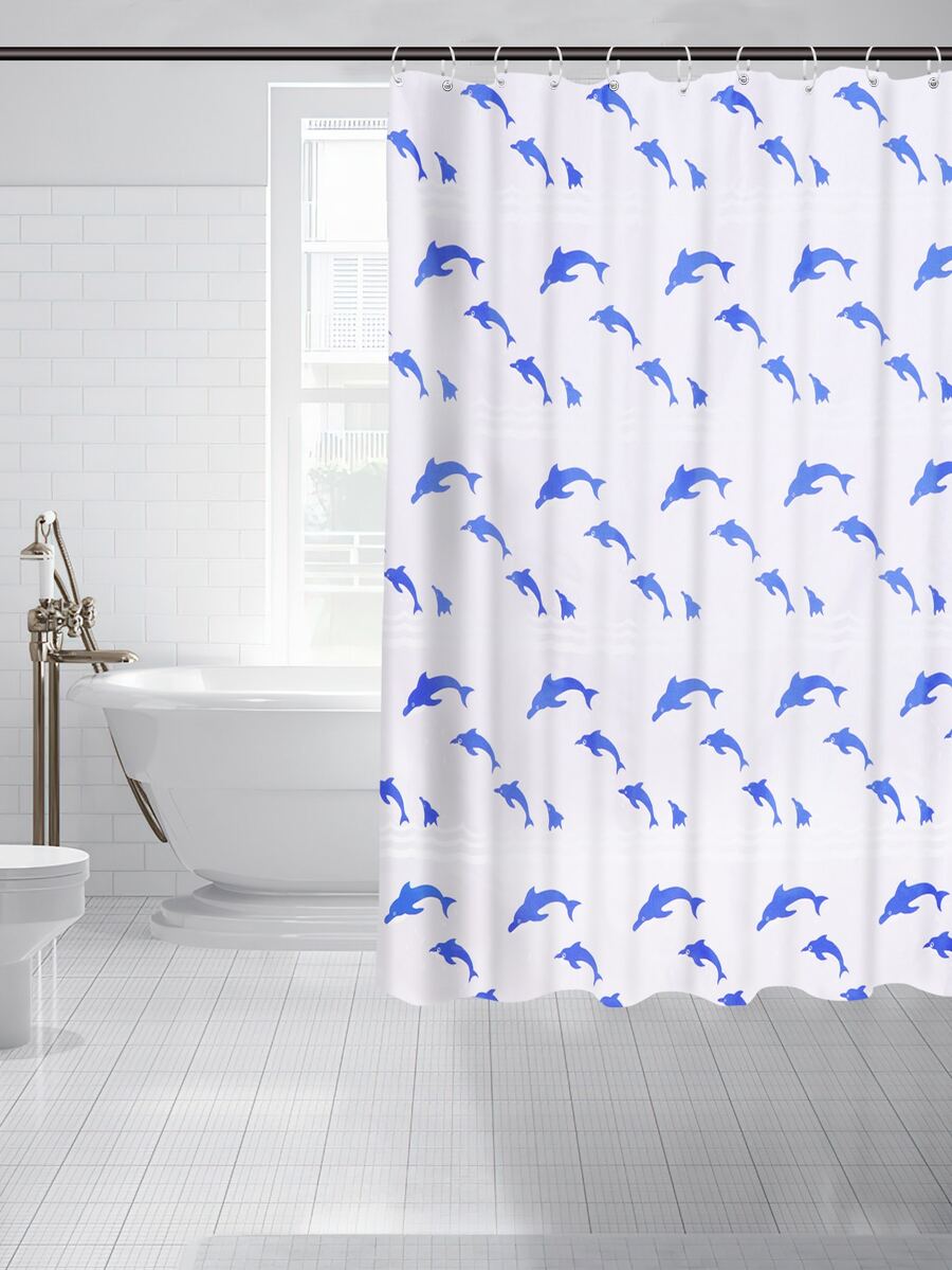 1pc Dolphin Print Shower Curtain With 12pcs Hook - Multicolor - View 1