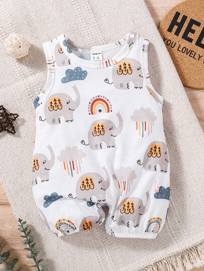 SHEIN Baby Boy Elephant & Cloud Print Tank Romper