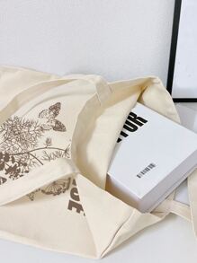 Butterfly & Slogan Graphic Shopper Bag School Bag For Graduate, Teen Girls, Freshman, Sophomore, Junior & Senior In College, University & High School, Perfect For Outdoors ,Travel & Back To School - Beige - View 2