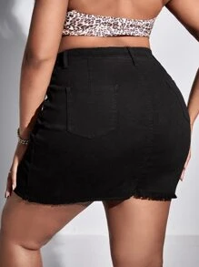 SHEIN SXY váy ngắn denim kích thước lớn Nút Túi Hem thô Bị tách Dây kéo màu trơn - màu đen - Xem 2