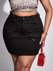 SHEIN SXY váy ngắn denim kích thước lớn Nút Túi Hem thô Bị tách Dây kéo màu trơn - màu đen - Xem 1