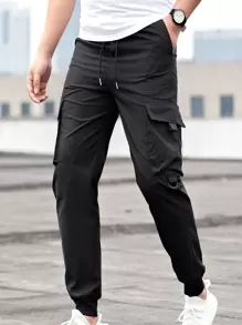 Manfinity Homme Pantalones Holgados De Color Sólido Para Hombre Con Bolsillos De Solapa - Negro - Ver 1