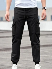 Manfinity Homme Pantalones Holgados De Color Sólido Para Hombre Con Bolsillos De Solapa - Negro - Ver 4