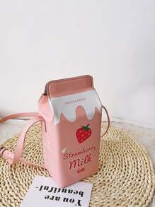 Cute Animal & Milk Carton Printed Mini Shoulder Bag, Simple Style Magnetic Closure Crossbody Bag For Girls - Pink - View 1