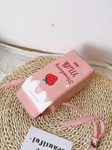 Cute Animal & Milk Carton Printed Mini Shoulder Bag, Simple Style Magnetic Closure Crossbody Bag For Girls - Pink - View 2