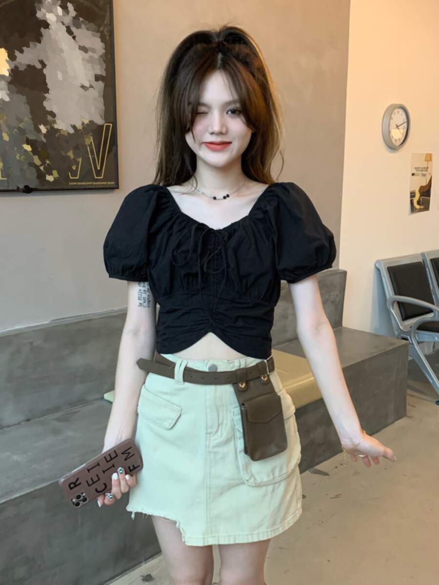 Solid Tie Front Puff Sleeve Crop Blouse - Black - View 1