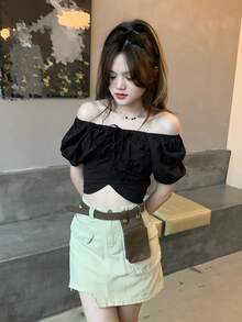 Solid Tie Front Puff Sleeve Crop Blouse - Black - View 4