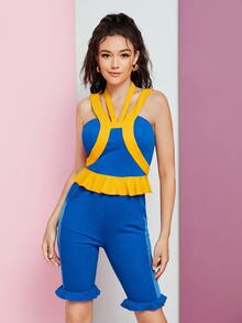 CHRISTIAN HERRERA Mono ajustado ribete con fruncido con encaje halter - Azul - Ver 4