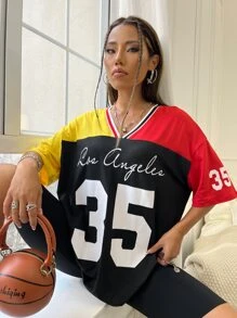SHEIN Unity Color Block Drop Shoulder Basketball Jersey Tee Graphic Tees Women Tops - Multicolor - View 6