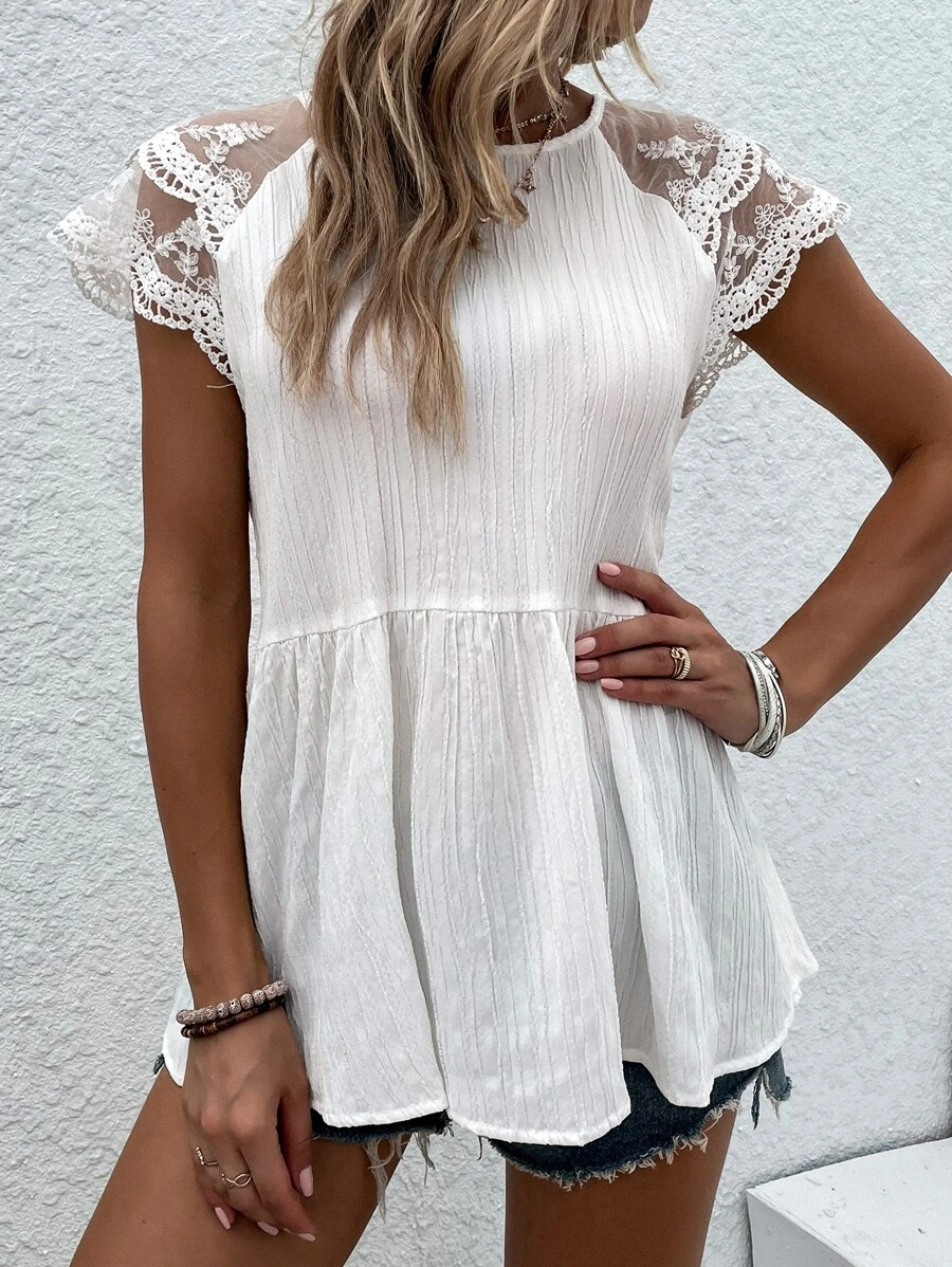 Top de manga con encaje en contraste bajo con fruncido - Blanco - Ver 1