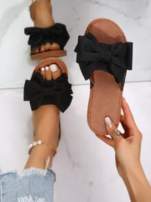 Bowknot Slippers, Fashionable Strap Women Beach Sandals, Anti-Slip Bow Slip-On Black Slides