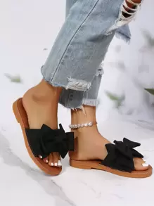 Bowknot Slippers, Fashionable Strap Women Beach Sandals, Anti-Slip Bow Slip-On Black Slides