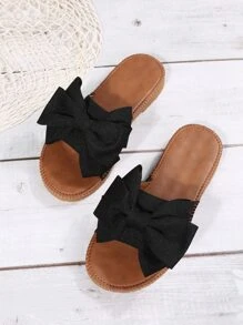 Bowknot Slippers, Fashionable Strap Women Beach Sandals, Anti-Slip Bow Slip-On Black Slides