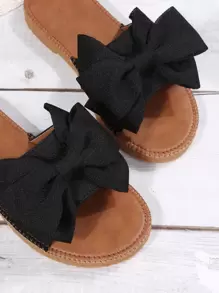 Bowknot Slippers, Fashionable Strap Women Beach Sandals, Anti-Slip Bow Slip-On Black Slides