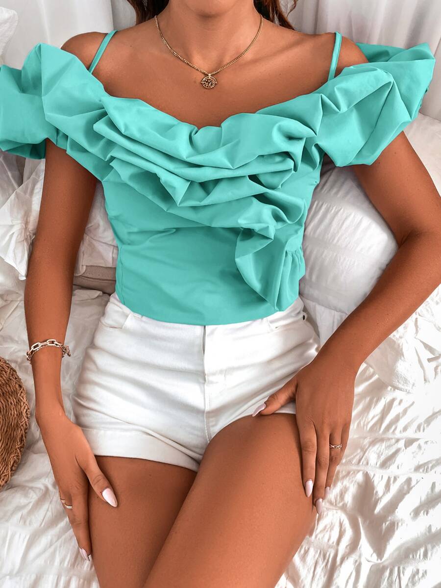 Shirred Back Exaggerated Ruffle Cold Shoulder Crop Top - Mint Blue - View 1