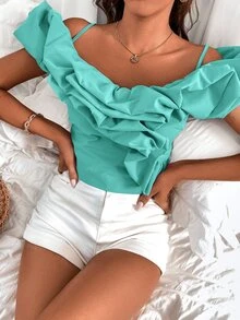 Shirred Back Exaggerated Ruffle Cold Shoulder Crop Top - Mint Blue - View 3