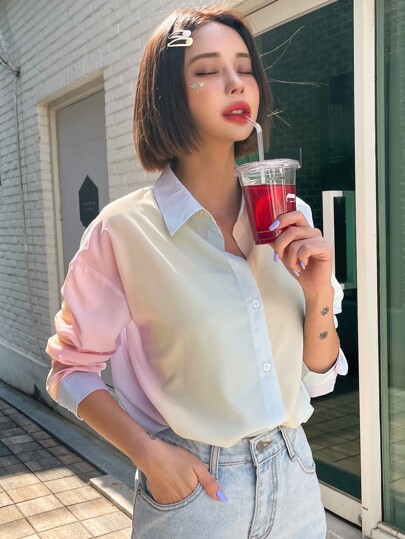 Ombre Button Through Drop Shoulder Shirt,Fall Clothes Long Sleeve Top