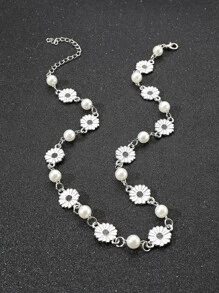 Fashionable And Popular Men Daisy & Faux Pearl Decor Necklace Alloy For Jewelry Gift And For A Stylish Look - Silver - View 2