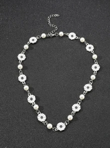 Fashionable And Popular Men Daisy & Faux Pearl Decor Necklace Alloy For Jewelry Gift And For A Stylish Look - Silver - View 3