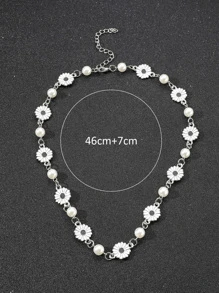 Fashionable And Popular Men Daisy & Faux Pearl Decor Necklace Alloy For Jewelry Gift And For A Stylish Look - Silver - View 4