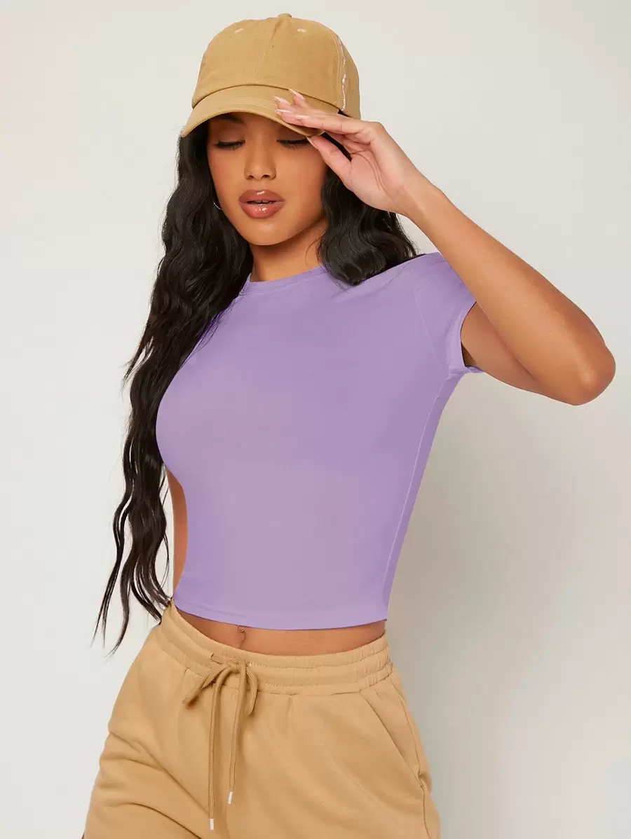 SHEIN BASICS Cap Sleeve Solid Crop Top - Lilac Purple - View 1