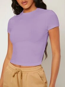 SHEIN BASICS Cap Sleeve Solid Crop Top - Lilac Purple - View 6