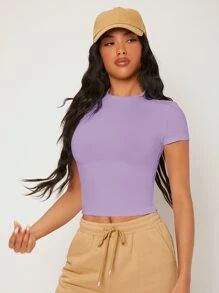 SHEIN BASICS Cap Sleeve Solid Crop Top - Lilac Purple - View 7