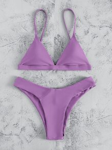 Plain Triangle High Cut Bikini Set, For Summer Beach Vacation - Lilac Purple - View 4