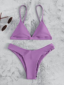 Plain Triangle High Cut Bikini Set, For Summer Beach Vacation - Lilac Purple - View 5