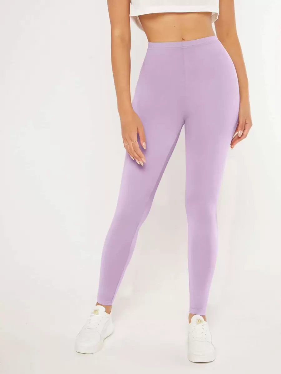 SHEIN BASICS Solid Elastic Waist Leggings - Lilac Purple - View 1