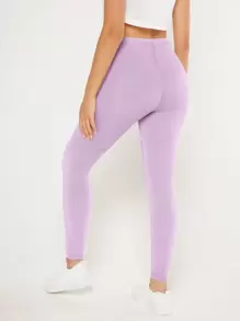 SHEIN BASICS Solid Elastic Waist Leggings - Lilac Purple - View 2