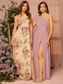 SHEIN Vestido de dama de honor con fruncido de un hombro de muslo con abertura - Rosa vieja - Ver 5