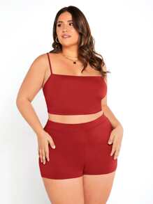 SHEIN BASICS Plus Solid Cami Top & Cycling Shorts - Red - View 4