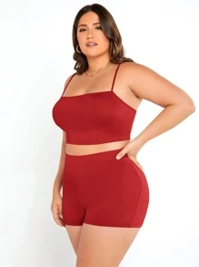 SHEIN BASICS Plus Solid Cami Top & Cycling Shorts - Red - View 5