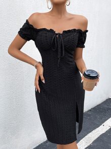Honeycomb Textured Off Shoulder Knot Front Split Thigh Dress - Black - View 4
