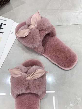 Fall/Winter Bow Decor Fluffy Bedroom Slippers,Lady's Flat Plush Slippers, Fashionable Home Slippers, Bow-Knot Indoor Slippers, Warm And Comfortable Rabbit Hair Slippers