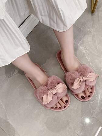Fall/Winter Bow Decor Fluffy Bedroom Slippers,Lady's Flat Plush Slippers, Fashionable Home Slippers, Bow-Knot Indoor Slippers, Warm And Comfortable Rabbit Hair Slippers
